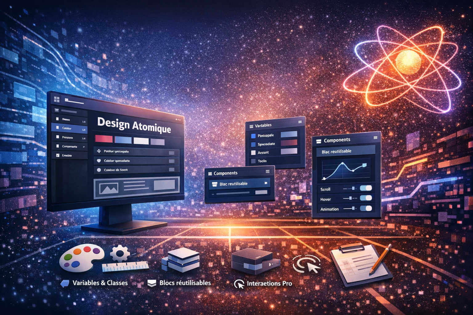 Concept moderne de création de sites web avec outils d’interface, composants de mise en page et contrôles d’animation sur fond numérique.